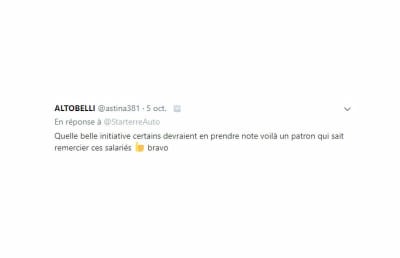 Réaction Twitter d'un internaute après les 25 ans de Starterre et la prime versée aux salariés