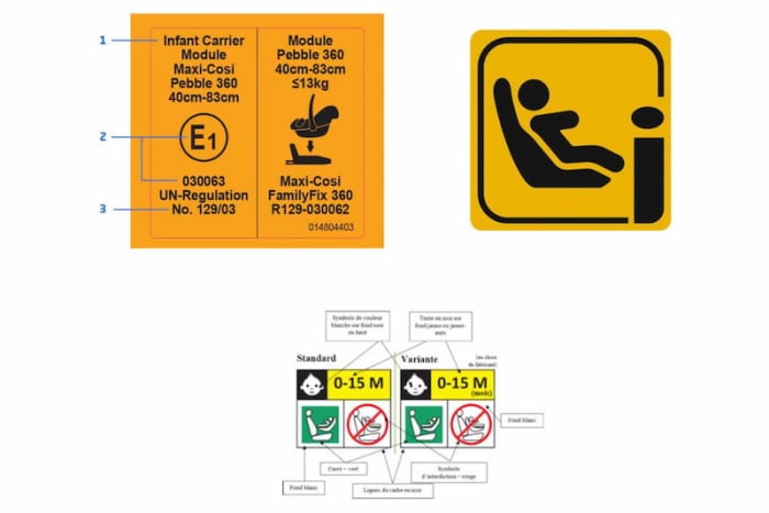 En plus de l'étiquette orange obligatoire qui indique la norme et la taille, deux autres labels peuvent indiquer la comptabilité I-Size ou une installation dos à la route.